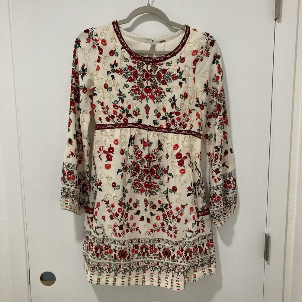 Free People Russian Doll Sequin Embroidery Floral Dress Size 0 Boho Folklore